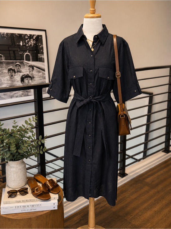 Simona Corsellini Dresses & Skirts - Simona Corsellini Navy Gold Metallic Pinstripe Snap Button Shirt Dress Tie 44